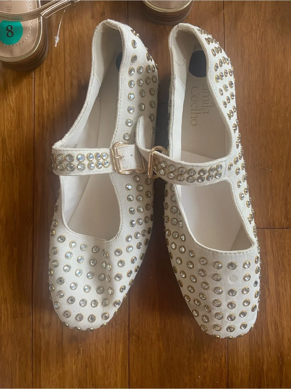 Embellished White Mary Jane Flats with Gold Studs